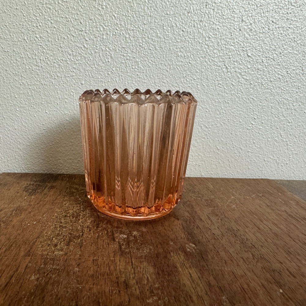 Vintage Clear Pink Ribbed Tea Light Candle Holder Q-Tip Holder Vanity‎ Organizer